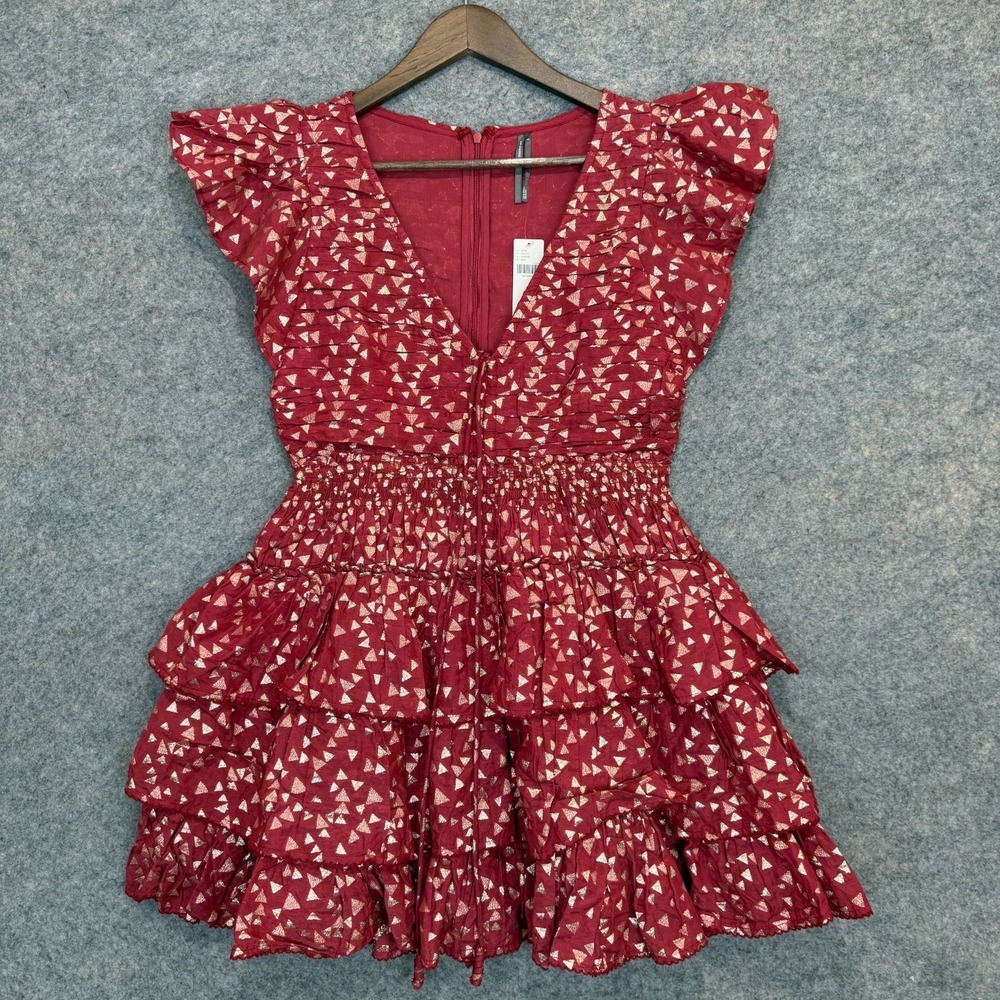 Anthropologie Ruffled Burgundy Triangle Print‎ Mini Dress Womens Small Lined
